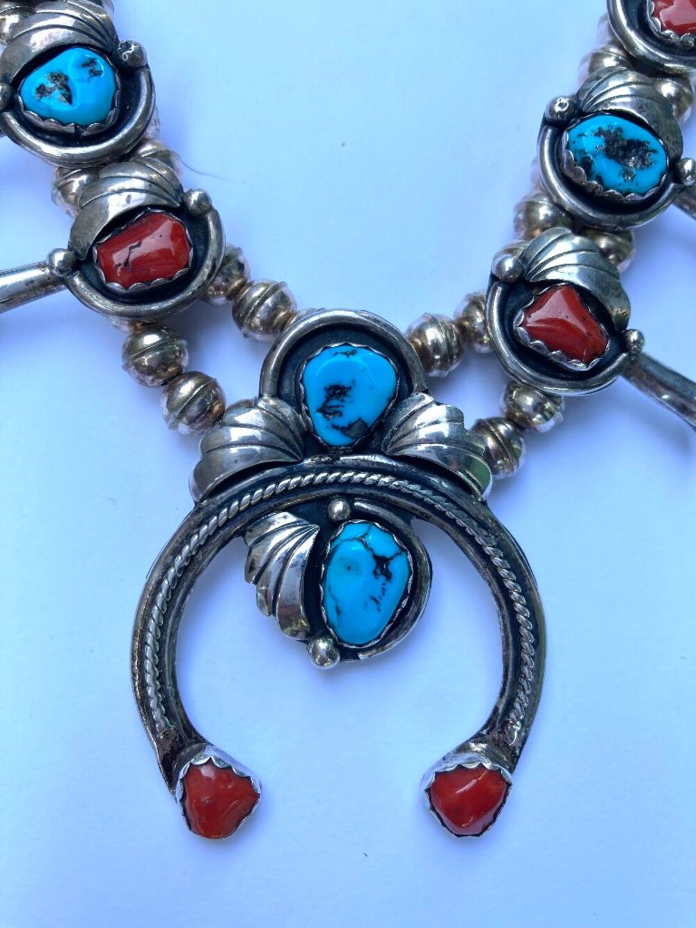 Vintage Navajo Sterling Silver Turquoise Coral Squash Blossom Necklace SIGNED - Picture 8 of 8